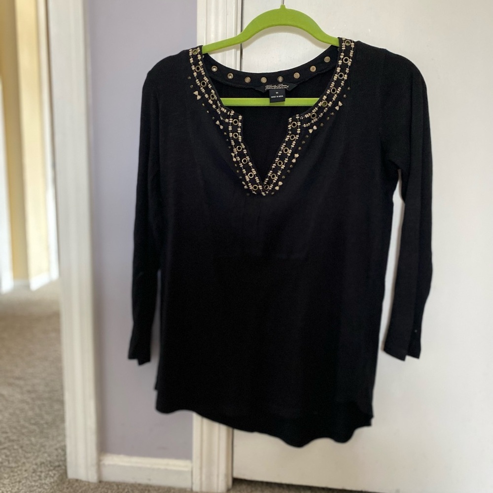 Lucky Brand Black and Gold Embellished Blouse